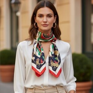 Giancarlo Milano Made in Italy Silk Scarf Red Green Baroque Equestrian Print